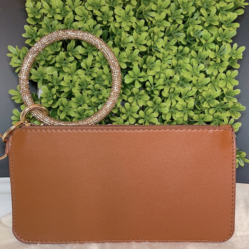 Brown Wristlet Wallet, Top Zip Clutch w/Bangle Keychain